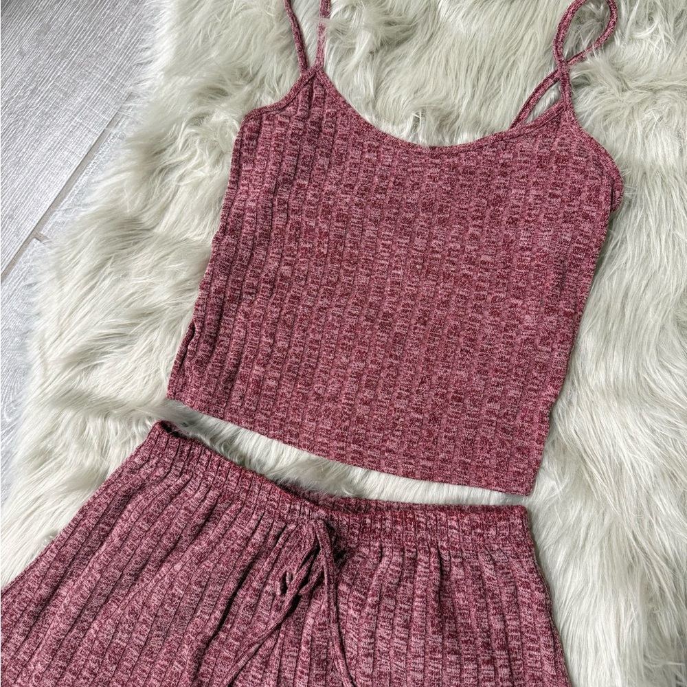 Cozy Ribbed Knit Pajama Set - Wine Pink - Picture 4 of 6
